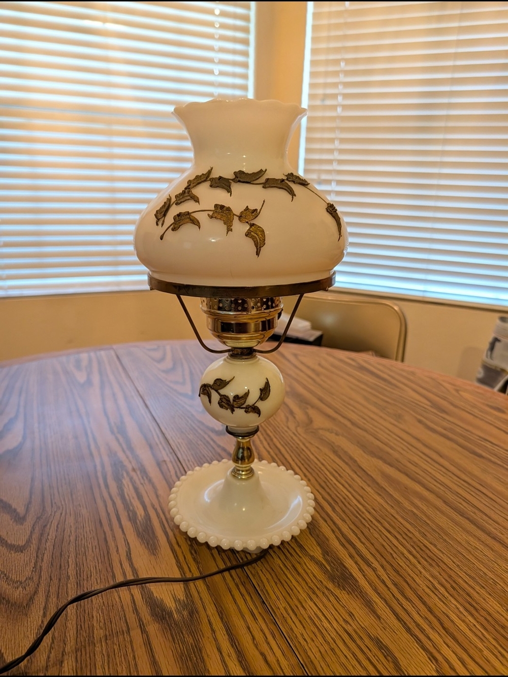 Vintage White Milk Glass Table Lamp with Gold Leaf Accents